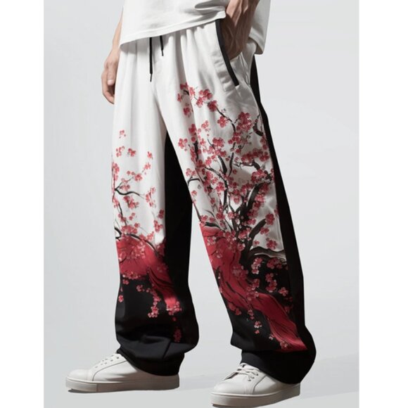 NEW Japanese Cherry Blossom Tree Graphic Joggers in White Size XXL NWOT - Picture 1 of 11